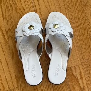 White Floral Slide Sandals with Gold Accent. The soft soles make your feet comf